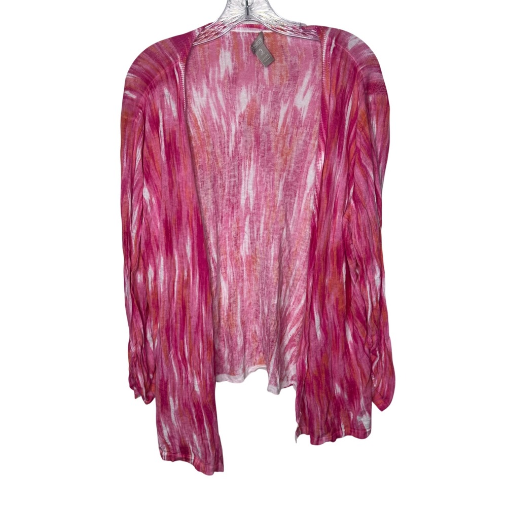 Chicos Pink Orange Abstract Space Dye Linen Cotton‎ Open Front Cardigan  3 XL